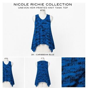 Nicole Richie Collection Uneven Hem Printed Knit Tank Top Caribbean Blue 3X NEW
